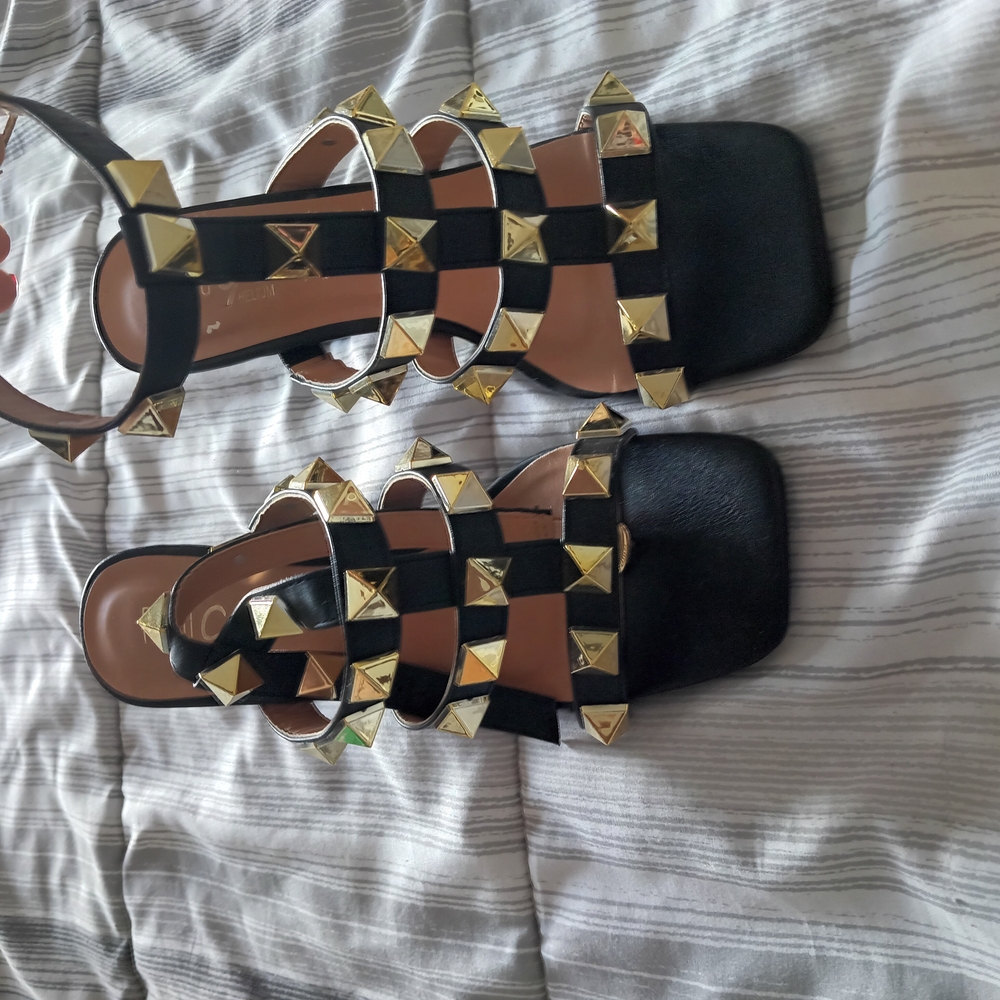Women's Black and Gold Studded Sandals